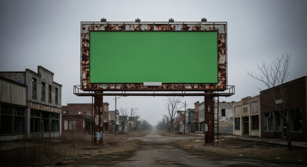 A lone green screen billboard dominates a forgotten, post-apocalyptic urban street, symbolizing decay and a blank slate for future messages