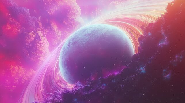 Ringed planet in outer space surrounded by colorful nebulae