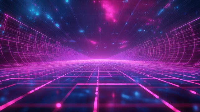Metaverse digital grid tunnel generating virtual space - Powered by Adobe