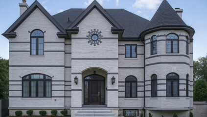 Fototapeta premium Elegant luxury home with brick facade and dark trim on a beautiful day