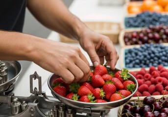 Farmers' market scene — weighing strawberries on vintage scale, hands picking ripe red berries, local produce