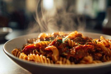 A medium shot of a generic, comforting bowl of homemade pasta with a rich tomato sauce, steam rising gently from the dish. The background is a soft, blurred home dining room.