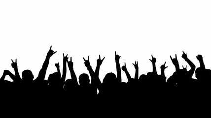 Concert crowd silhouette raising hands with rock and roll gestures, celebrating live music event or festival atmosphere
