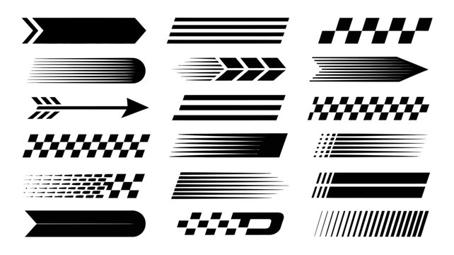 Dynamic vector set of speed lines, racing stripes, and motion arrows. checkered flag elements for sports, automotive, and fast designs.