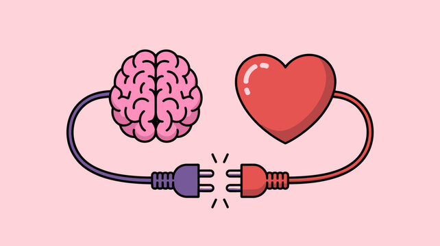 Illustrative concept of the brain and heart connecting with power plugs, symbolizing the balance between logic and emotion.