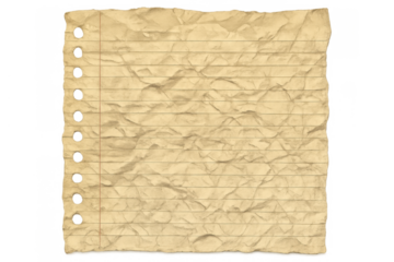 Old crumpled lined paper sheet with punch holes, displaying vintage texture and school notebook style on transparent background