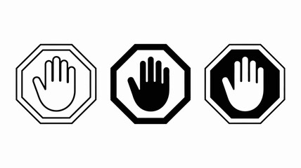 Stop hand sign icon set. danger warning symbol. prohibition gesture. black and white vector illustrations for website or app interface.