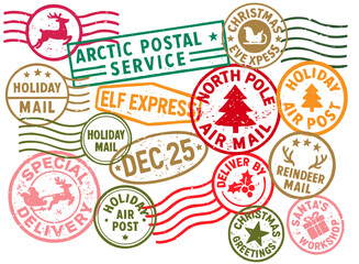 Vintage Christmas postmarks and holiday mail stamps set