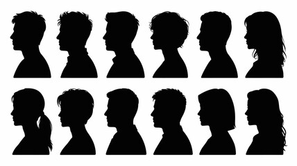 Set of diverse male and female profile silhouettes with various hairstyles representing people and identity on white background