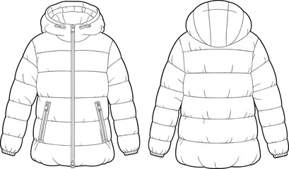 Winter puffer jacket technical flat sketch, hooded coat fashion design, front and back view outline, cad drawing vector illustration © SreeRupali