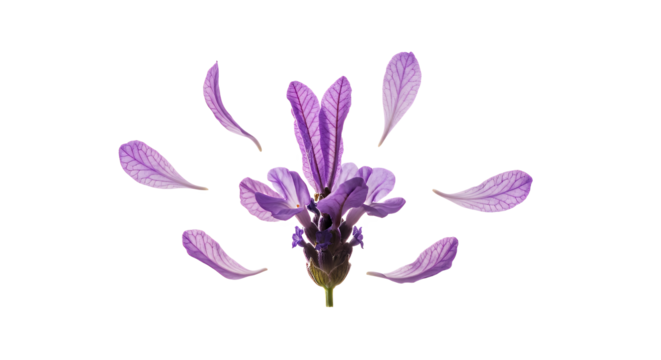 Delicate purple lavender petals artfully scattered around a central flower on a pristine white background, creating a serene botanical composition, perfect for tranquil nature themes