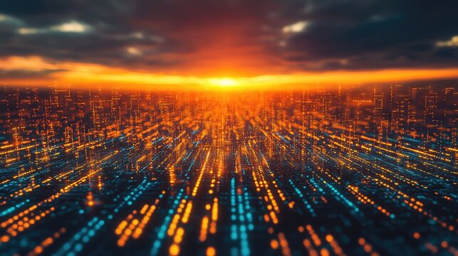 Digital cityscape illuminating data stream technology with sunset sky