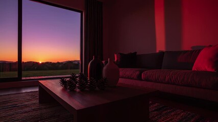 A cozy living room scene with a couch and coffee table overlooking a dynamic cityscape at sunset, captured in a stunning timelapse sequence, perfectly representing the idea of unwinding after a.