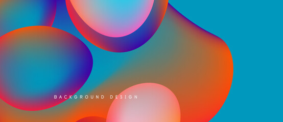 Abstract fluid shapes overlap, creating vibrant color gradients. Blue, orange, pink hues dominate design. Modern aesthetic.