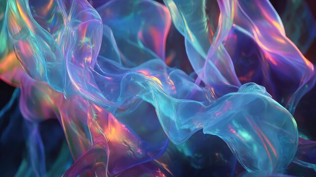 Iridescent flowing abstract transparent fabric with colorful light reflections
