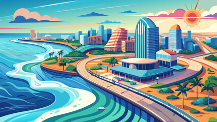 Fototapeta premium Very beautiful aerial view of the Atlantic City waterline showcasing sweeping coastal scenery, gentle waves, and a bright shoreline with modern buildings and serene ocean atmosphere.