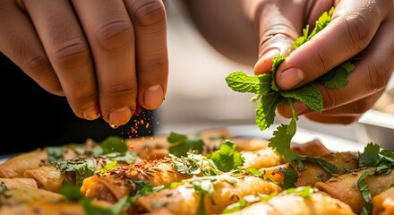Hands garnishing freshly fried street snacks with herbs and spices, extremely detailed oil sheen and crispness visible