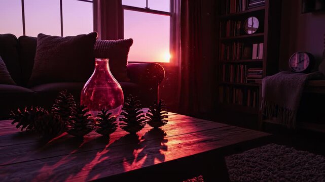 Rustic living room setting featuring a warm sunset timelapse with tranquil pine cones on a rustic table capturing the serene concept of wellness inviting viewers to unwind and rejuvenate perfect.