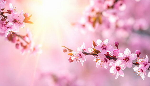 Pink cherry blossoms in full bloom on branches with sunlight creating warm, serene atmosphere. delicate petals and vibrant colors evoke sense of springtime renewal and beauty