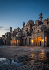 Fototapeta premium Night view of ancient mosque architecture, a landmark building in India for tourism and religion