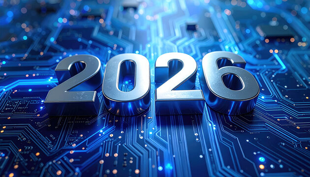 Image features year 2026 in metallic numbers set against blue circuit board background, symbolizing futuristic technology and digital innovation