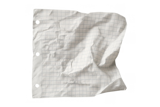 Crumpled grid paper sheet with punch holes, wrinkled texture showing discarded mistake and transparent background