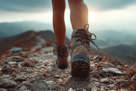 Person walking on a rocky mountain path with a scenic background of rolling hills and a soft cloudy sky