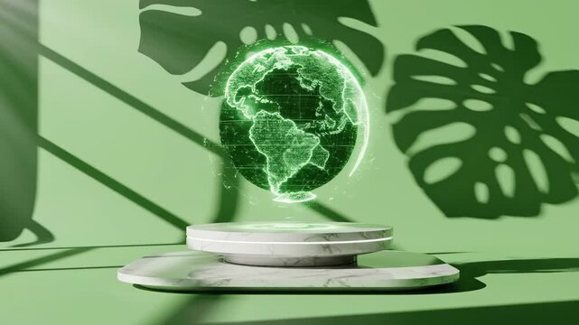 Glowing green globe with a neon outline of continents on stacked white plates against a light green background with large leaf shadows.