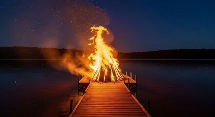 Bonfire night lake dock celebration summer campfire burning wood sparks dark sky travel fire light