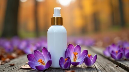 White cosmetic spray bottle with purple crocus flowers on wooden surface