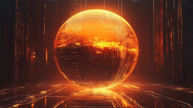 Digital sphere rotating, visualizing data processing and global network