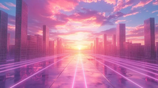 Futuristic city skyline at sunset with pink neon road
