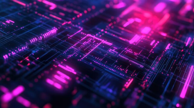 Digital circuit board network with glowing data lines