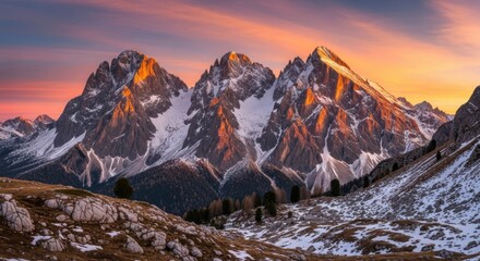 Majestic mountain peaks dusted with snow illuminated by the golden glow of a sunrise or sunset