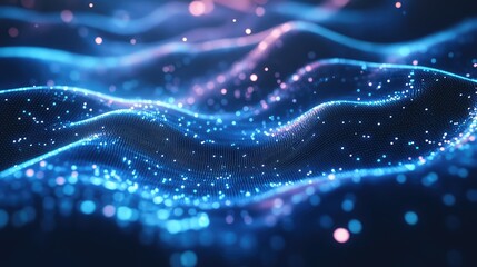 Blue digital wave forming data particles network