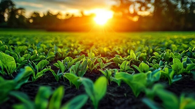 Fresh green plants thrive in sunlight during the golden hour near the field