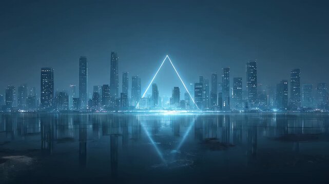 Illuminated city skyline at night with glowing pyramid shape reflecting on water surface