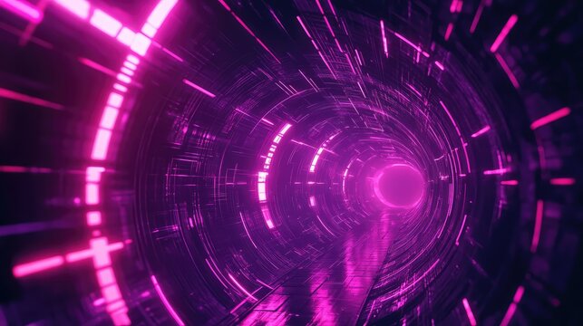 Futuristic digital tunnel with glowing neon light moving fast