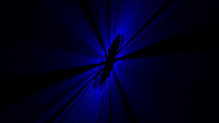 Blue abstract radial light beams forming rotating void shape on dark background - Powered by Adobe