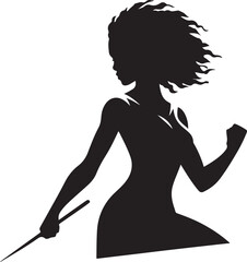This is a black silhouette vector image of a female warrior figure with a sword and wavy hair.