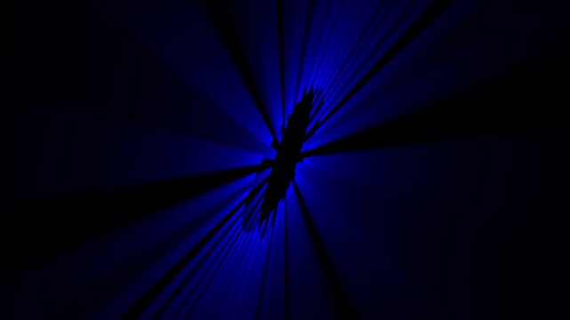 Blue abstract radial light beams forming rotating void shape on dark background 
