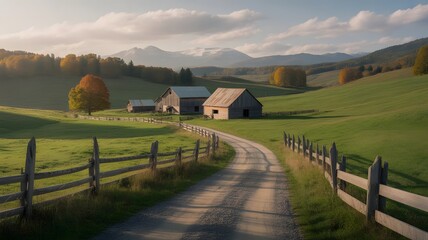 Countryside Farm Landscape with Gravel Road, Barns, Fence, and Mountain View at Sunset