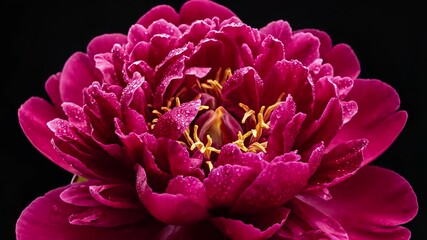 Pink peony flower with sparkling water droplets on sleek black background sizzling with anticipation, sparking fresh beginnings, and igniting innovative ideas, perfect for projects related to.