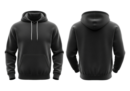 Realistic Front and Back of a Blank Black Hooded Top for E-commerce, Cut Out, Clipping Path, Isolated on a Transparent PNG Background.
