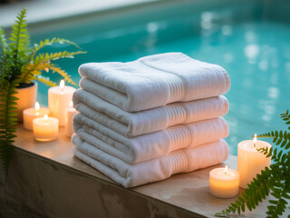Stack of clean white towels and burning candles near swimming pool. Spa, wellness, and relaxation concept with green leaves and blue water background.