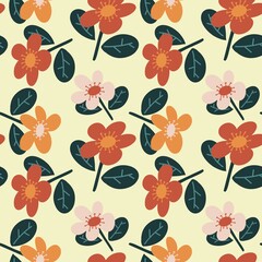 seamless floral pattern Retro Mustard Yellow Red Pink Floral and Leaf Tile Seamless Pattern, Vintage 70s, Pastel background, Warm Autumn Earth Tones Textile and Wallpaper.