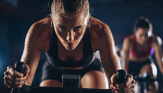 Intense Spin Class – Determined Woman Sweating During High-Effort Indoor Cycling
