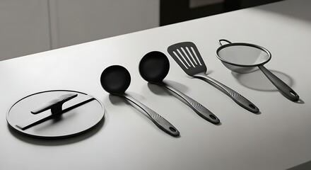 Kitchen utensils set stainless steel cooking tools ladles spatulas skimmer strainer lid modern design