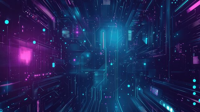 Digital circuit board network with glowing neon lines