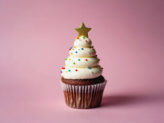 Christmas tree cupcake. Chocolate muffin with white buttercream swirl, colorful sprinkles, and gold star topper on pastel pink background.